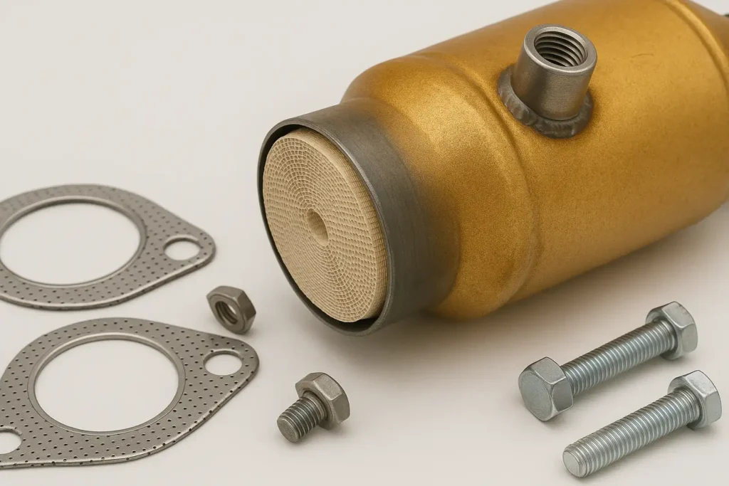 "Detailed view of catalytic converter honeycomb structure and mounting accessories"