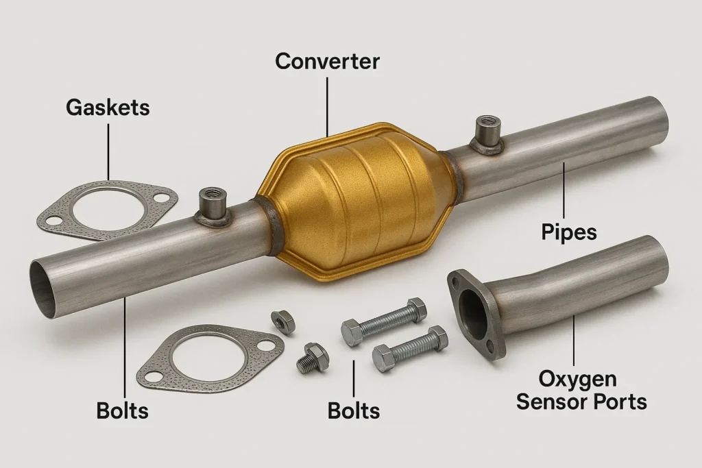 "Components included in a typical catalytic converter replacement kit"