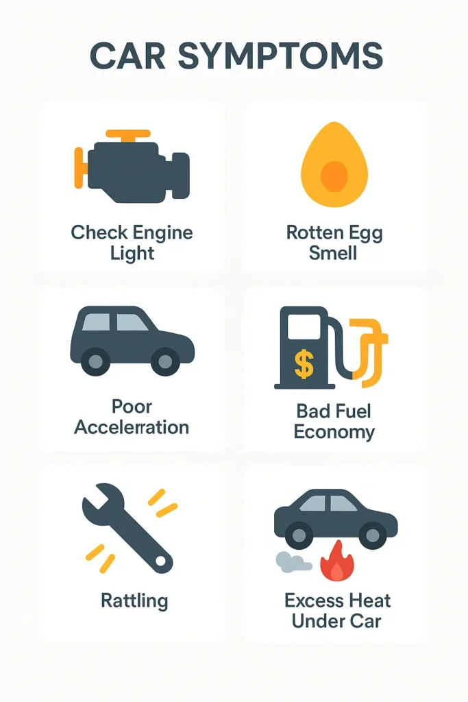 infographic with seven icons: check engine light, rotten egg smell, poor acceleration, bad fuel economy, rattling, failed emissions, and excess heat under the car