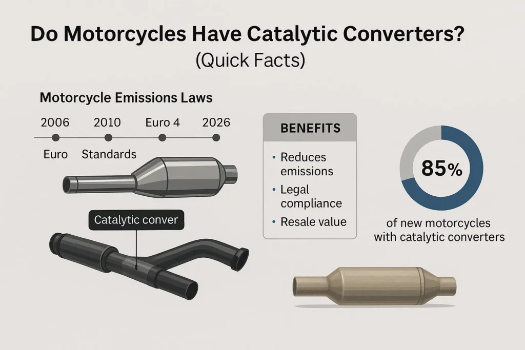 Infographic with timeline of motorcycle emission laws, labeled exhaust diagram showing catalytic converter, benefits list, and a pie chart showing 85% of new motorcycles have catalytic converters.