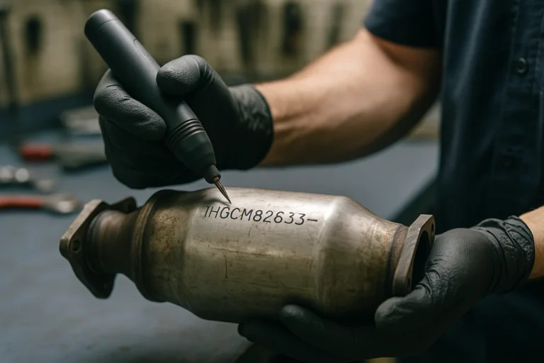 Mechanic in gloves engraves a Vehicle Identification Number onto a catalytic converter in a workshop, showing theft-prevention etching process.