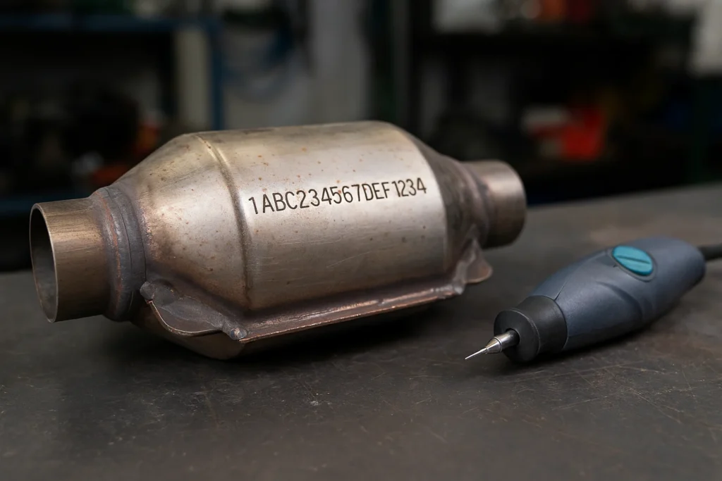 Realistic close-up of a catalytic converter on a worktable, clearly engraved with a VIN code, with an etching tool beside it and a softly blurred workshop background.