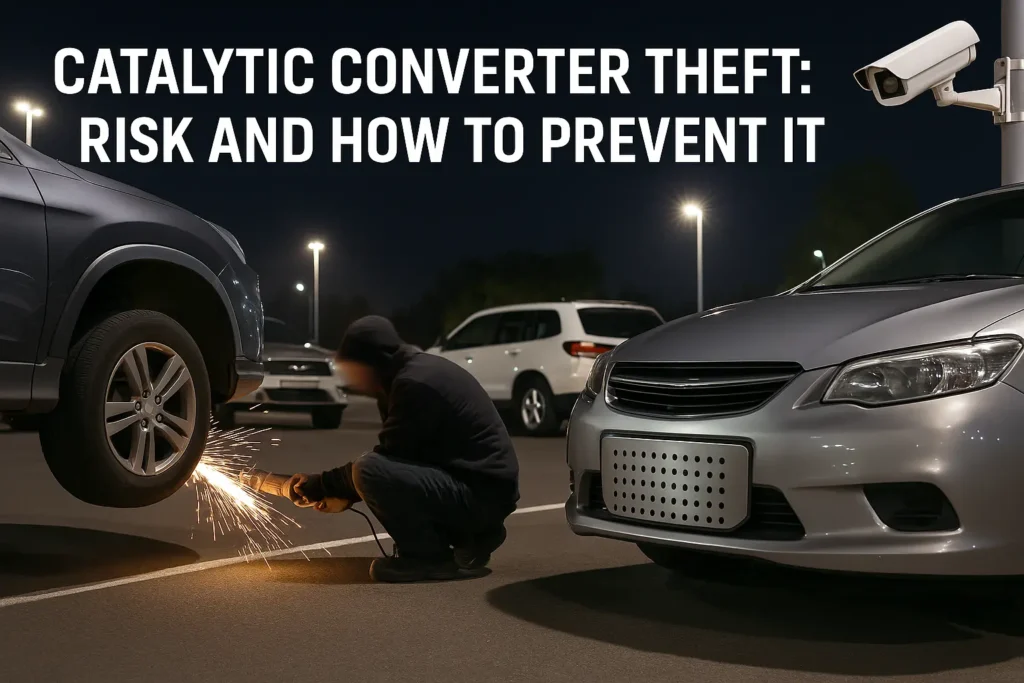 Nighttime parking lot with an attempted catalytic converter theft and a car protected by an anti-theft shield and security camera