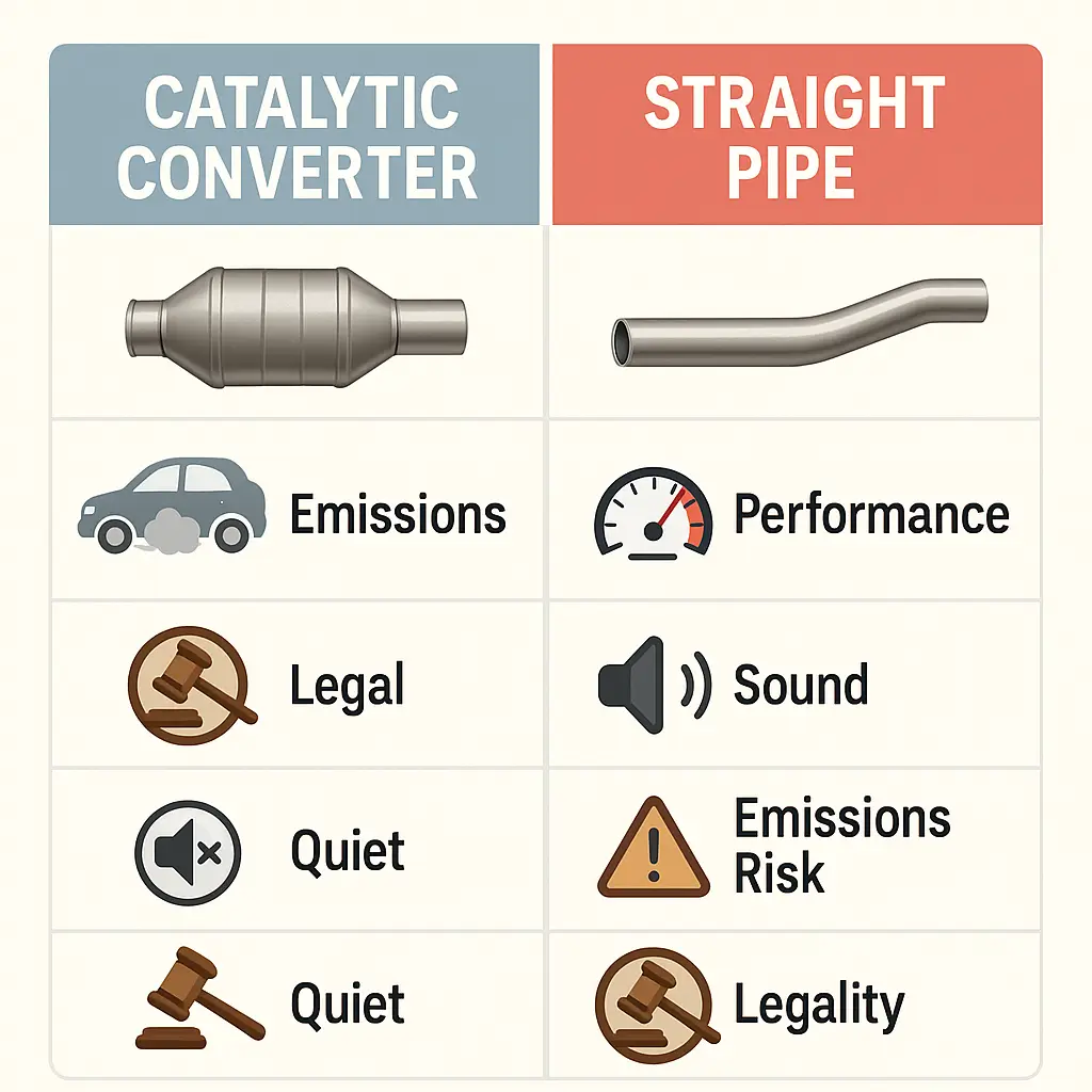 infographic with two columns—one for catalytic converter (emissions, legal, quiet) and one for straight pipe