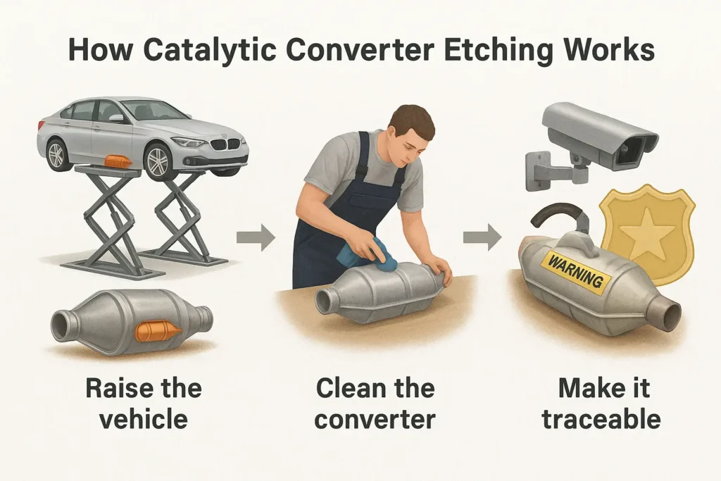 Step-by-step infographic showing the process of catalytic converter etching for theft prevention