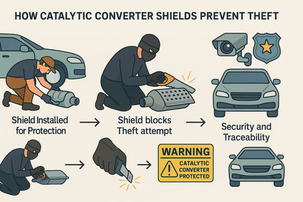 Infographic showing step-by-step process of catalytic converter shield protection, including installation, theft attempt blocked by shield, visible warning sticker, and security measures.