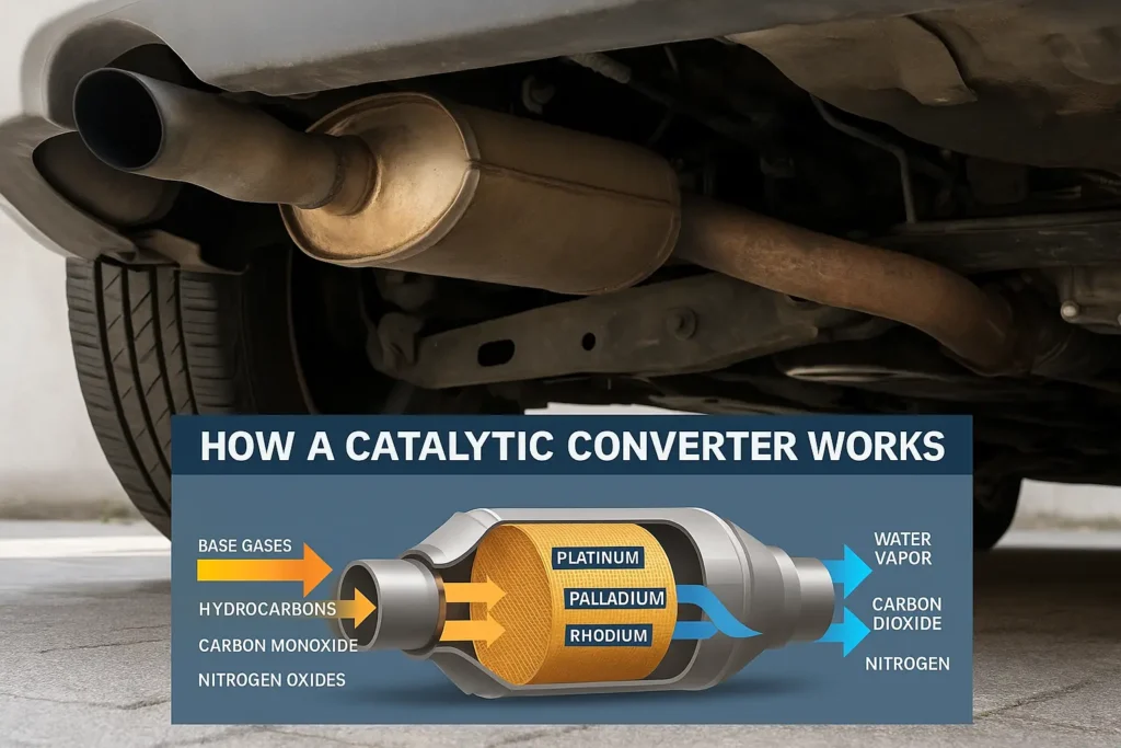 Detailed cross-section of a catalytic converter showing exhaust gases entering, chemical reactions inside, and cleaner gases exiting
