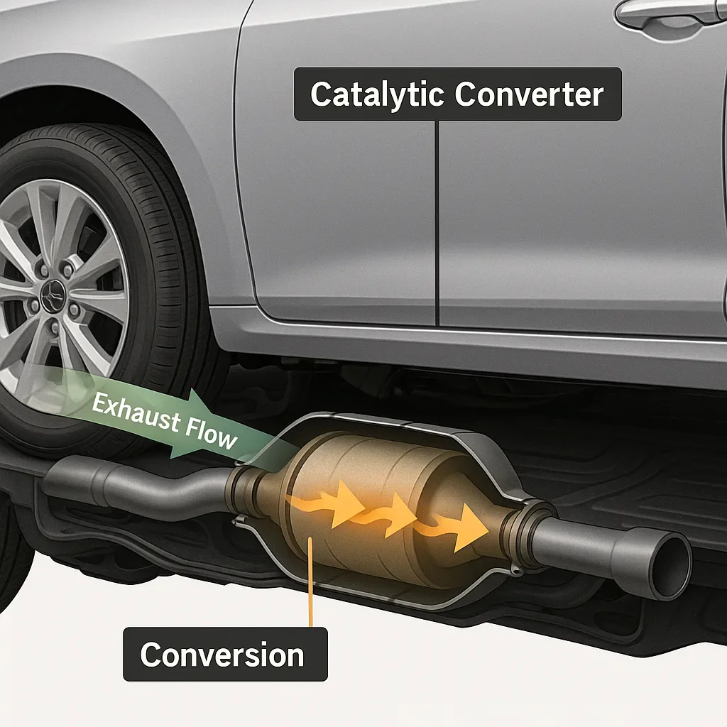  labeled digital cutaway of a hybrid’s exhaust system, focusing on the catalytic converter’s position, with visual arrows indicating exhaust flow and the conversion process.