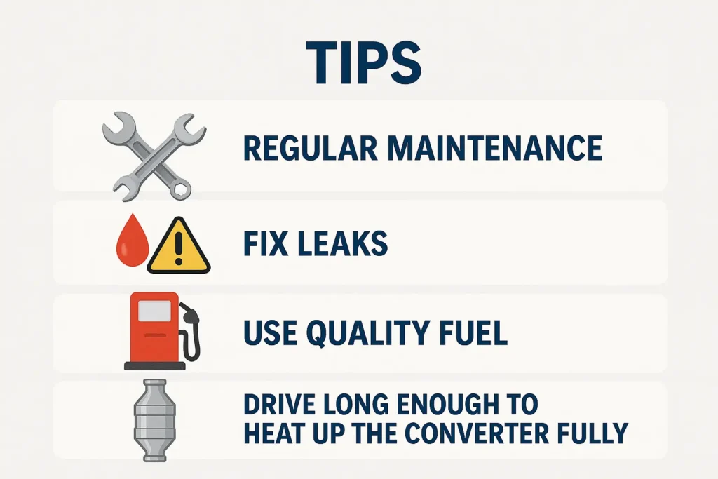 infographic with realistic icons showing tips: regular maintenance, fixing leaks, using quality fuel, and driving long enough to heat up the converter fully.
