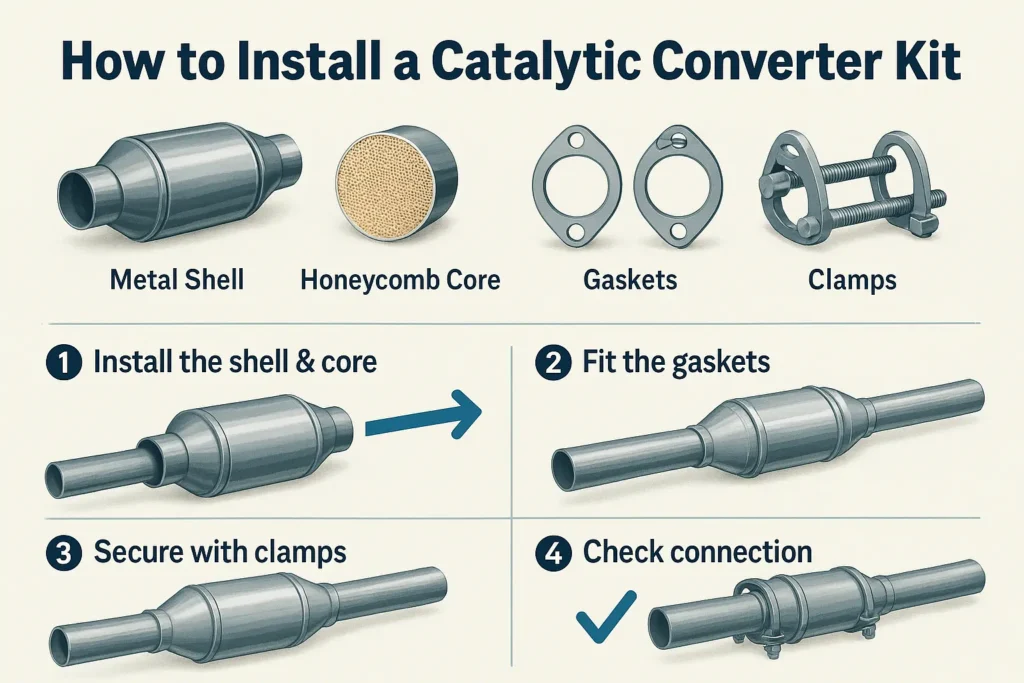 Infographic with realistic icons showing labeled parts of a catalytic converter kit.