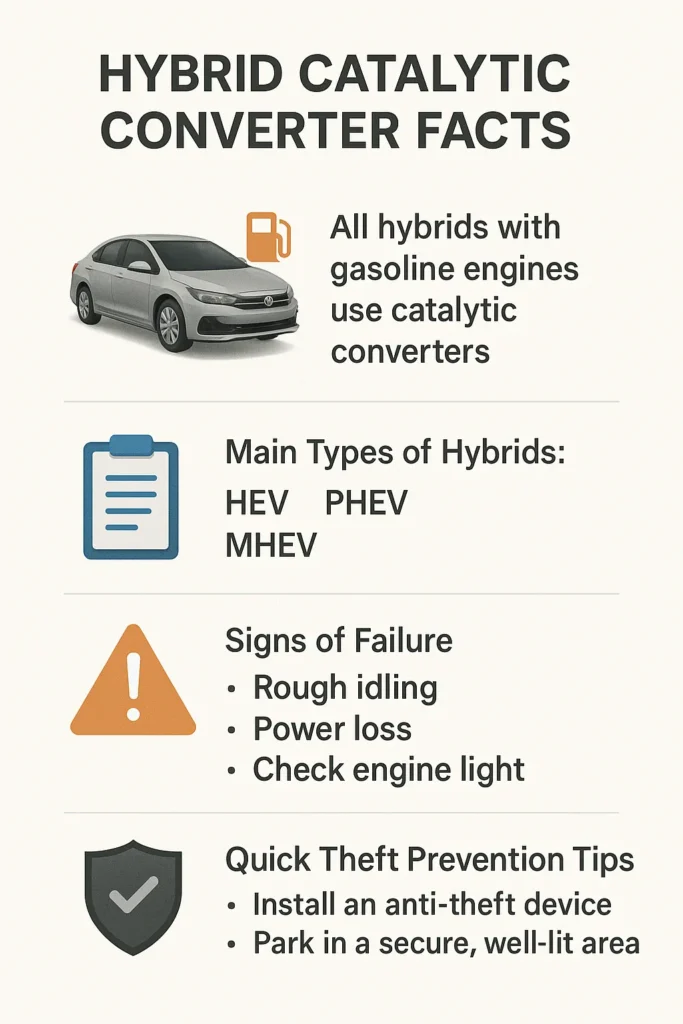  infographic showing key facts: all hybrids with gasoline engines use catalytic converters, main types of hybrids (HEV, PHEV, MHEV), signs of failure, and quick theft prevention tips.