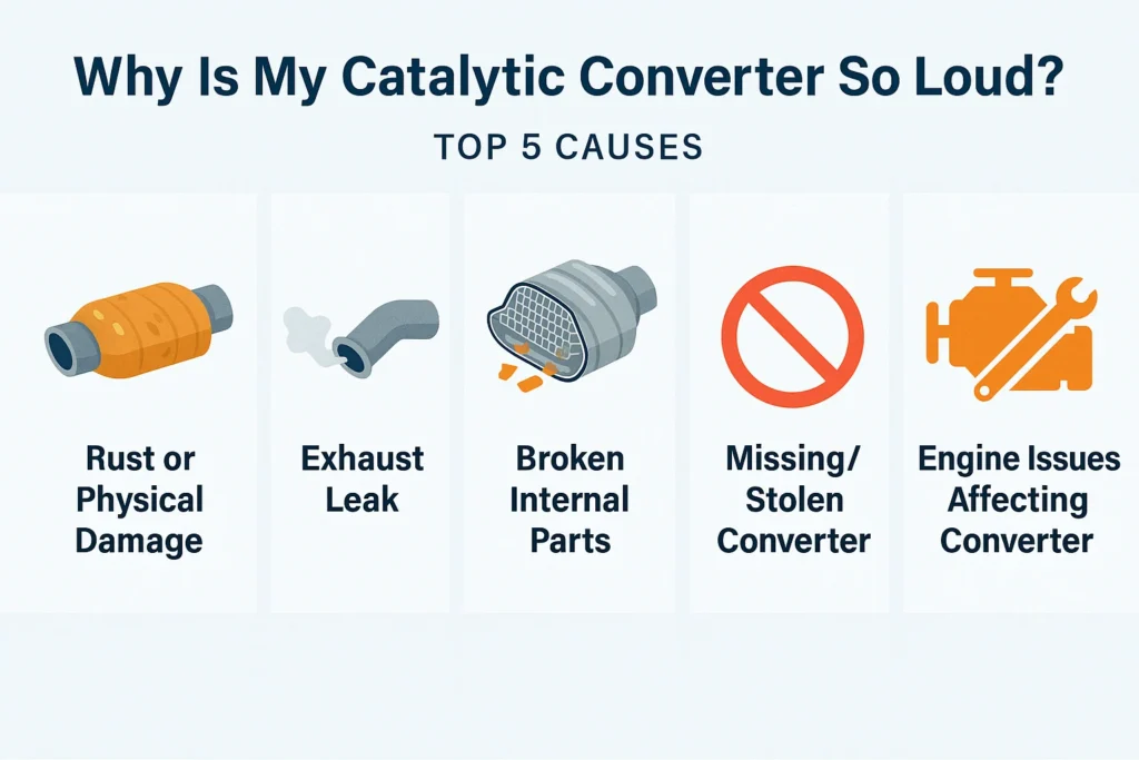 infographic featuring icons and short explanations for the five main causes: physical damage, exhaust leak, broken internal parts, missing converter, and engine issues.
