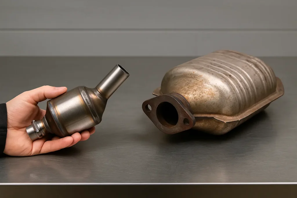 side-by-side image of a hand holding a compact motorcycle catalytic converter next to a larger car catalytic converter, both resting on a clean workbench, with visible differences in size and shape.