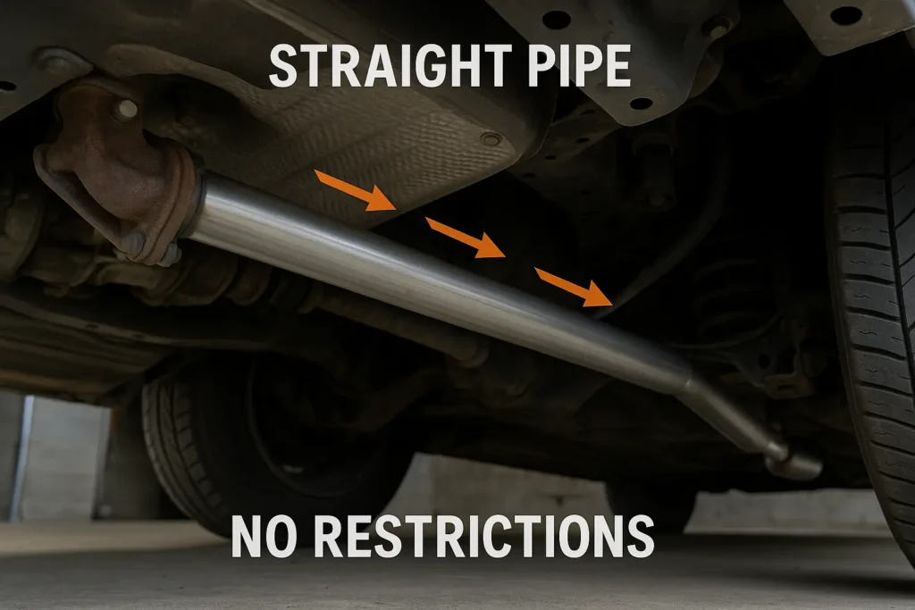illustration of a straight pipe installed beneath a car, with arrows showing direct exhaust flow from engine to tailpipe, and “no restrictions” label.