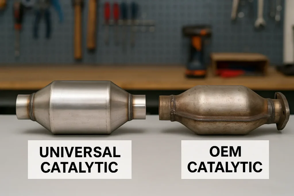 Side-by-side photo of a universal catalytic converter and an OEM catalytic converter on a workshop table, both clearly labeled, showing differences in design and finish.