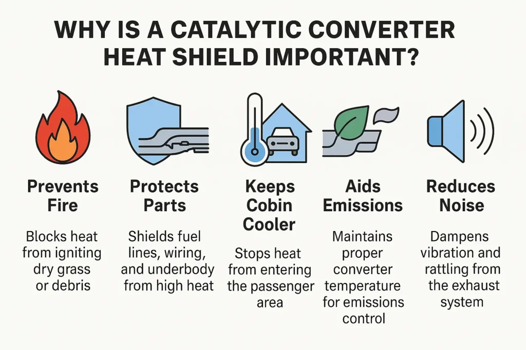 infographic divided into five sections. Each section features a realistic icon and a short, clear explanation for: prevents fire, protects vehicle parts, keeps the cabin cooler, aids emissions control, and reduces exhaust noise.