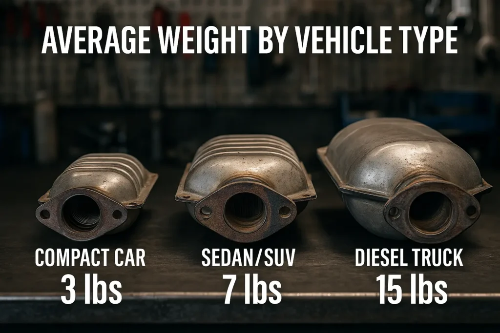 photo showing small, medium, and large catalytic converters side by side with approximate weight labels, overlay text “Average Weight by Vehicle Type.”