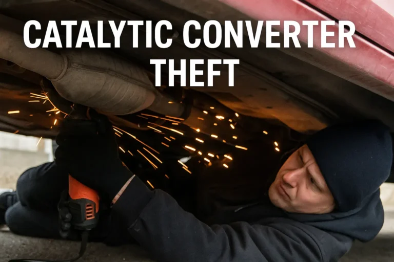 Thief using power tools to cut and steal a catalytic converter from a car in daylight