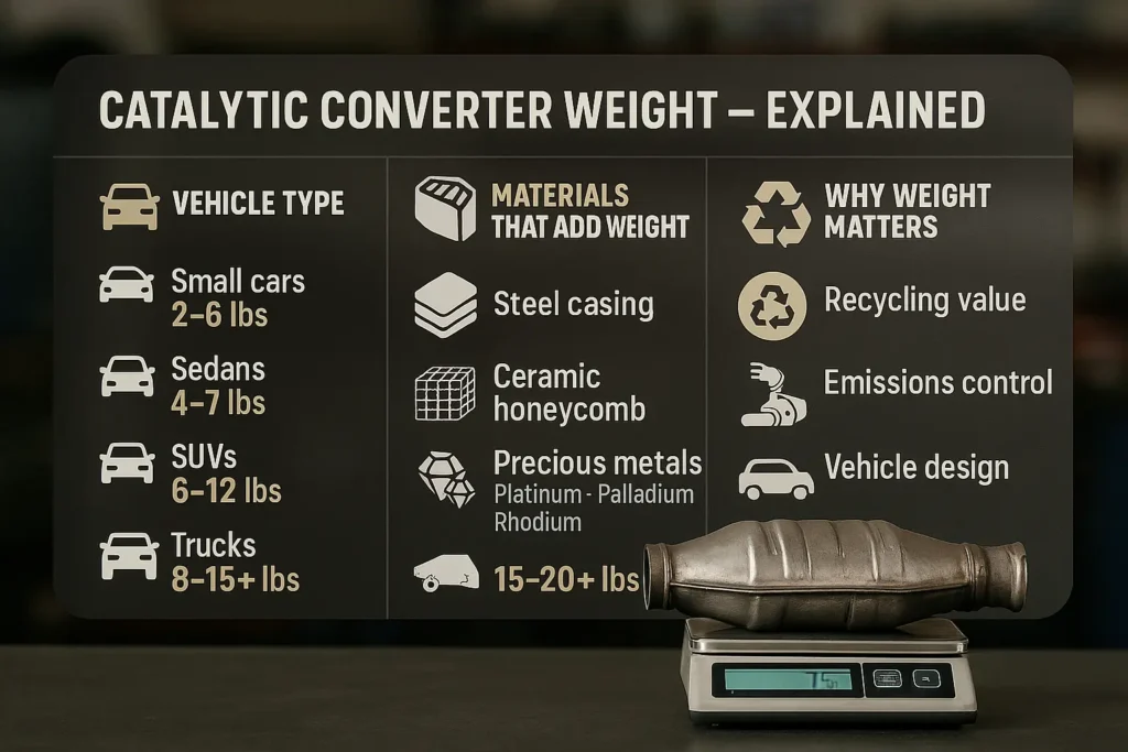 Infographic comparing catalytic converter weights by vehicle type, showing materials that add weight and reasons why converter weight matters.