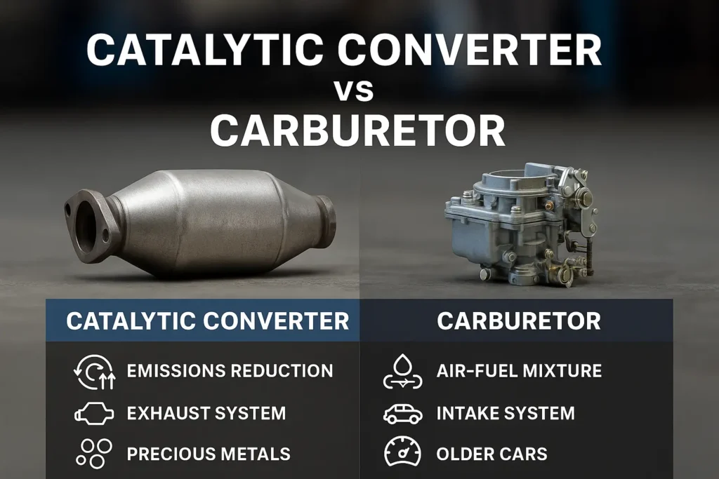Infographic comparing catalytic converter and carburetor.
