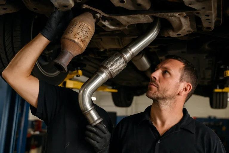 Mechanic inspecting a car’s catalytic converter and downpipe under a vehicle lift in a professional workshop.