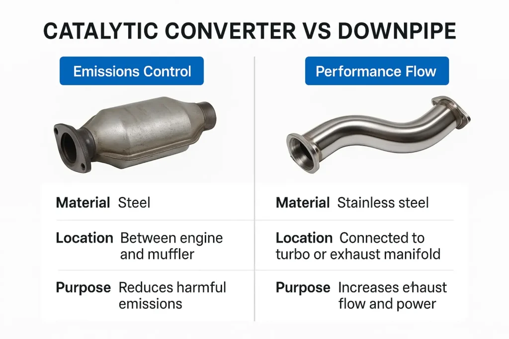 Infographic comparing catalytic converter and downpipe, showing real parts with labels for emissions control, performance, and component location.