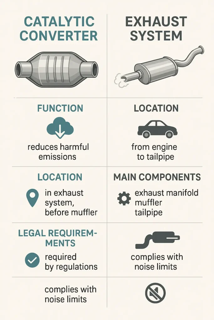 info graphic comparing the catalytic converter and exhaust system by function, location, main components, and legal requirements, each with simple realistic icons.