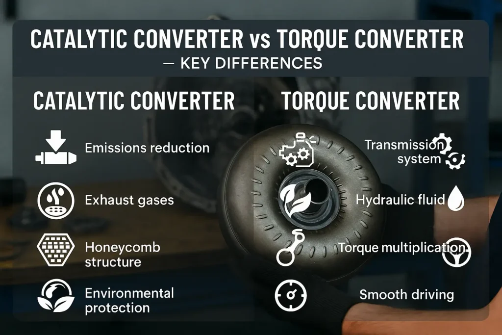 Infographic comparing catalytic converter and torque converter, showing differences in function, location, and role with automotive-themed icons.