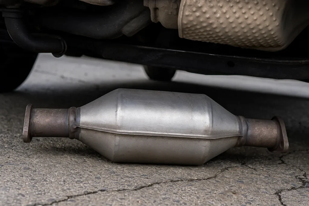 Close-up of a catalytic converter placed under a vehicle, showing metal body, inlet and outlet pipes, and surrounding exhaust components