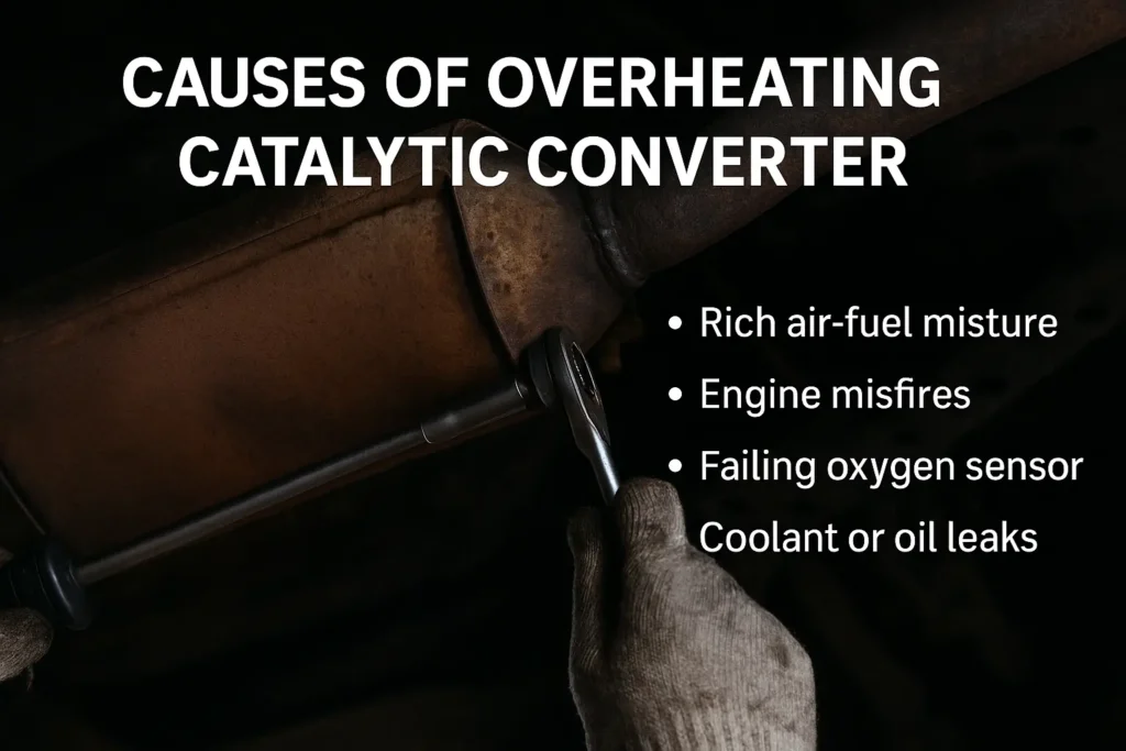 Close-up of a glowing red catalytic converter under a car exhaust system showing signs of overheating.