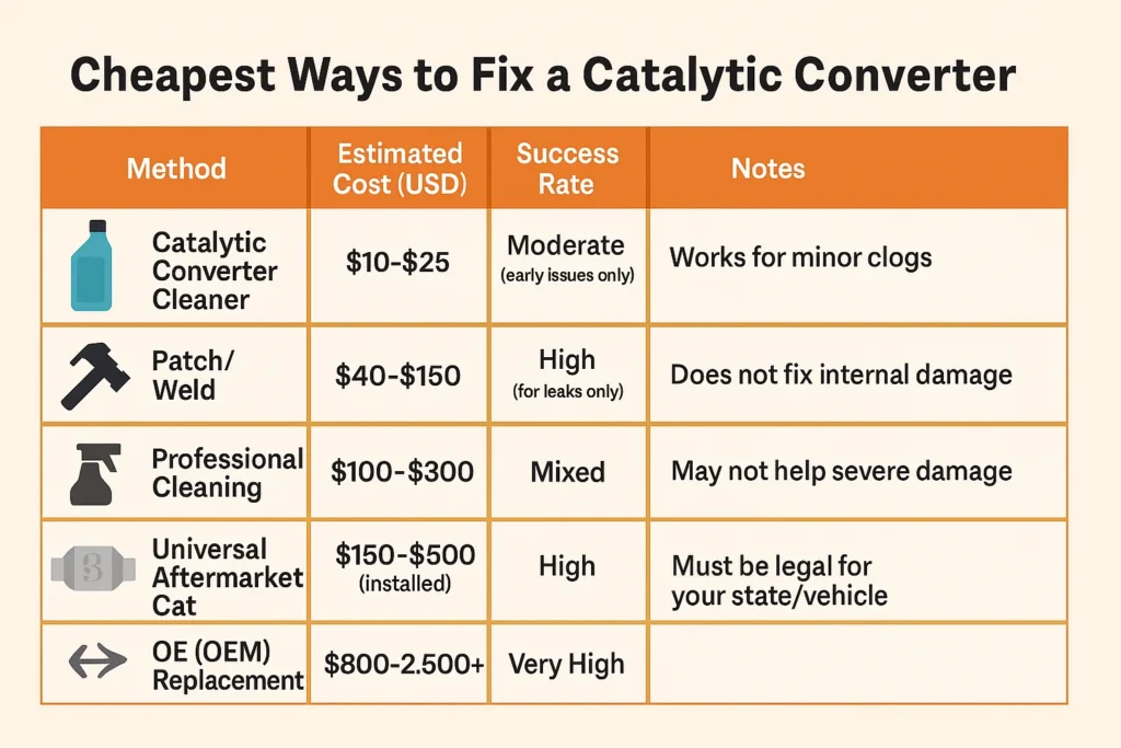 Infographic showing repair options for catalytic converters with costs, success rates, and notes, including cleaner, patch/weld, professional cleaning, universal aftermarket cat, and OEM replacement.