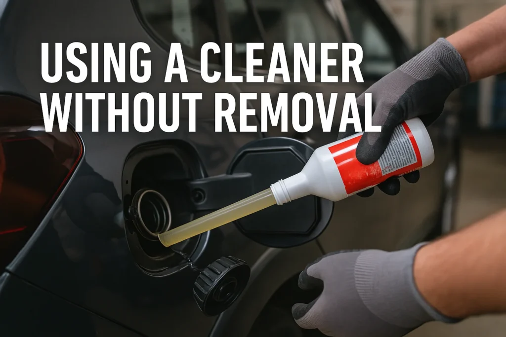 Mechanic pouring fuel additive cleaner into a vehicle’s fuel tank, showing method of unclogging a catalytic converter without removal.