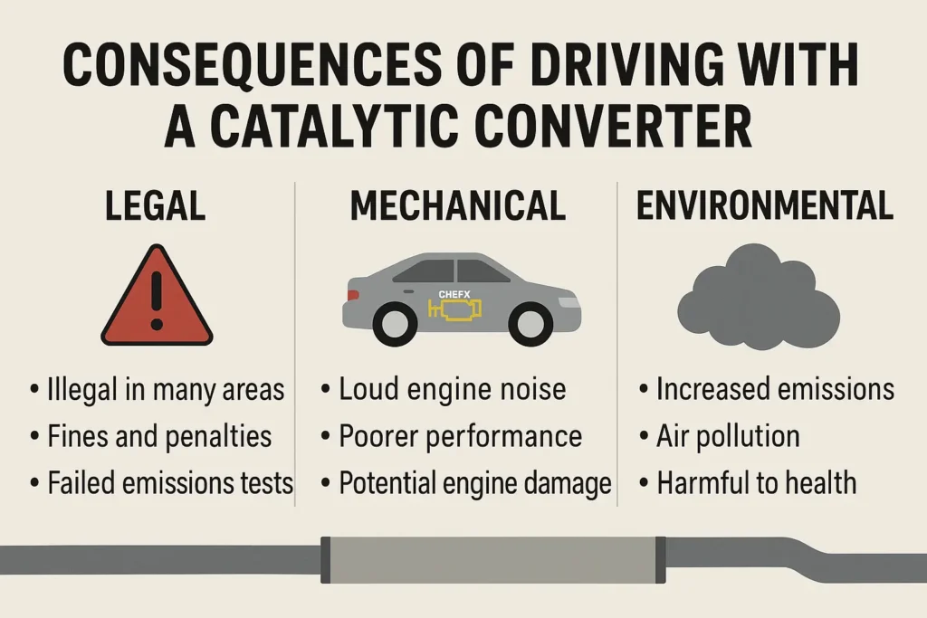 Info graphic showing legal, mechanical, and environmental consequences of driving without a catalytic converter