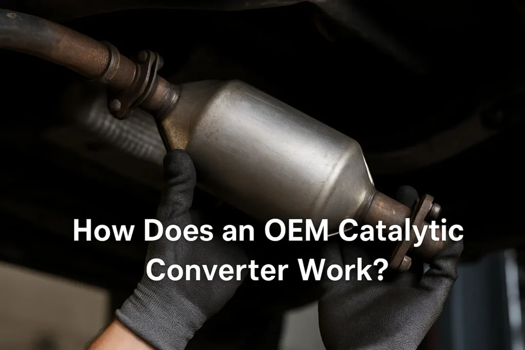 Mechanic’s gloved hands holding an OEM catalytic converter under a car exhaust system with text overlay “How Does an OEM Catalytic Converter Work?”