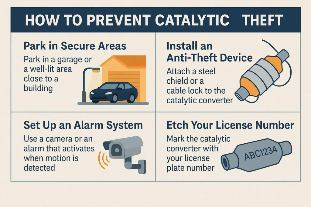 Infographic showing four prevention tips for catalytic converter theft with icons for secure parking, anti-theft device, alarm system, and license number etching