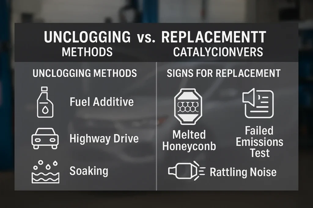 Infographic showing unclogging methods (fuel additive, highway drive, soaking) compared to replacement signs (melted honeycomb, rattling, failed emissions).