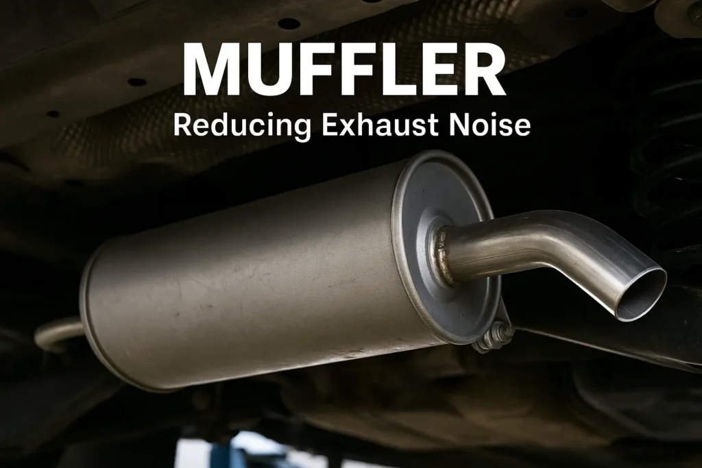 Close-up of a muffler installed in a vehicle’s exhaust system, showing metal body, exhaust pipe connection, and surrounding undercarriage components