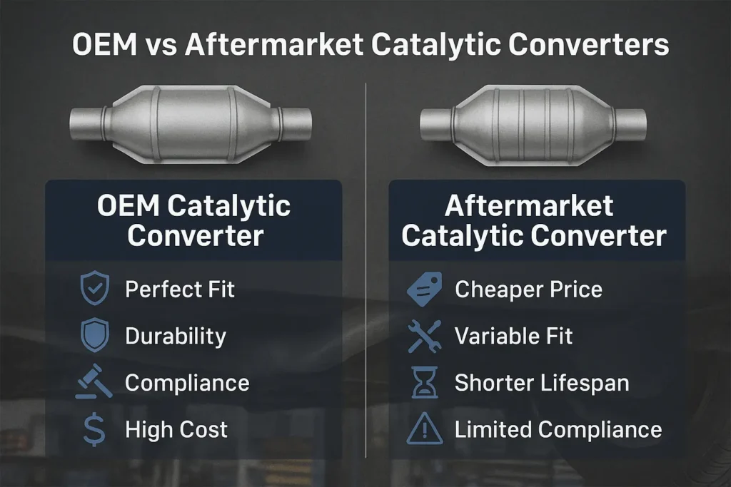 Infographic showing OEM vs aftermarket catalytic converters with icons comparing perfect fit, durability, compliance, high cost versus cheaper price, variable fit, shorter lifespan, limited compliance.