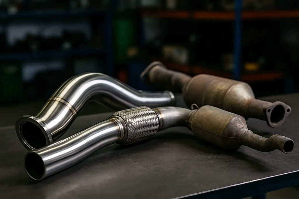 Stainless steel performance downpipe beside standard exhaust parts, highlighting differences in size and quality.
