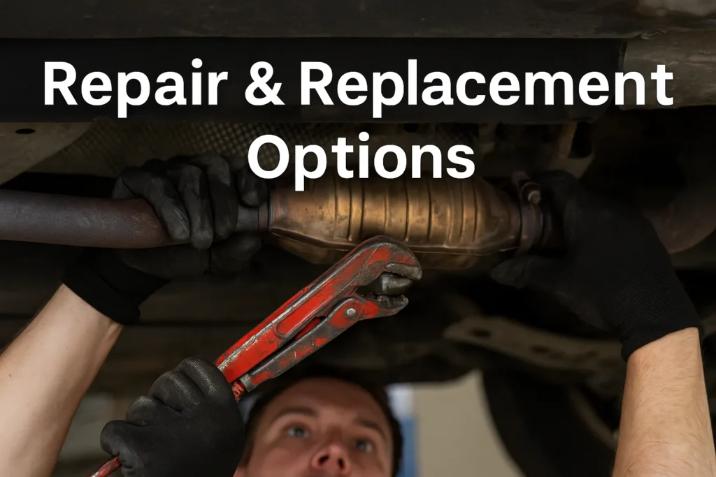 A mechanic working under a car with a red pipe wrench on a catalytic converter, with bold text “Repair & Replacement Options” above.