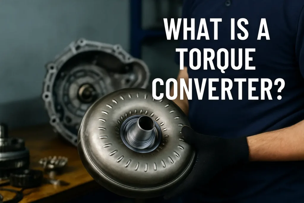 Mechanic holding a circular torque converter with transmission parts in the background, text overlay reads “What Is a Torque Converter?”