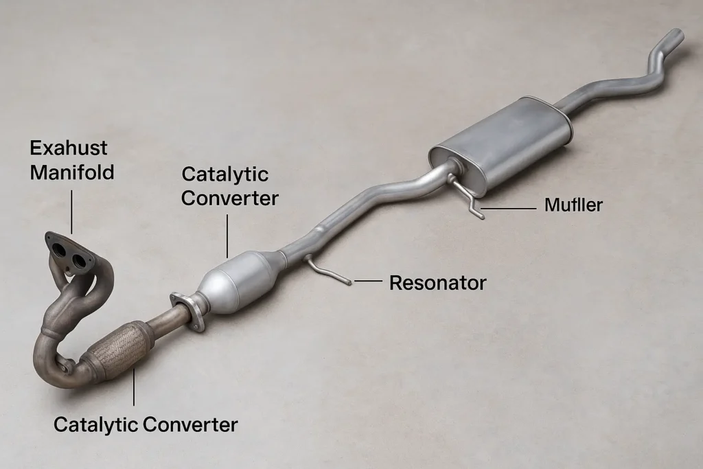 photo of a full vehicle exhaust system laid out, highlighting major components: exhaust manifold, catalytic converter, resonator, muffler, and tailpipe.