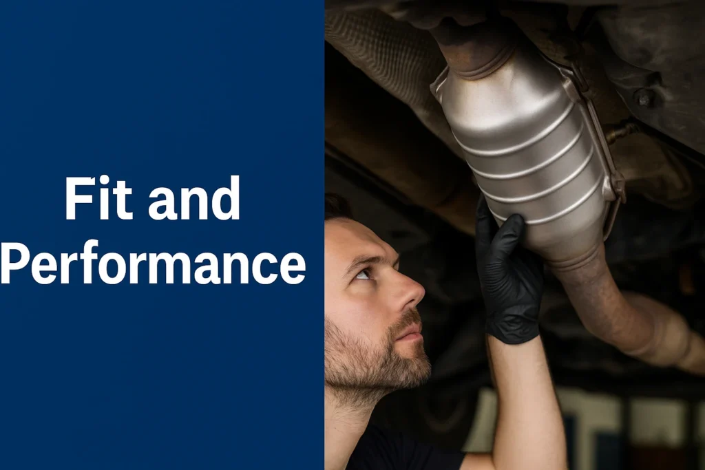 A mechanic inspecting a catalytic converter under a vehicle, with bold text “Fit and Performance,” highlighting the importance of compatibility and efficiency in OE vs aftermarket converters.