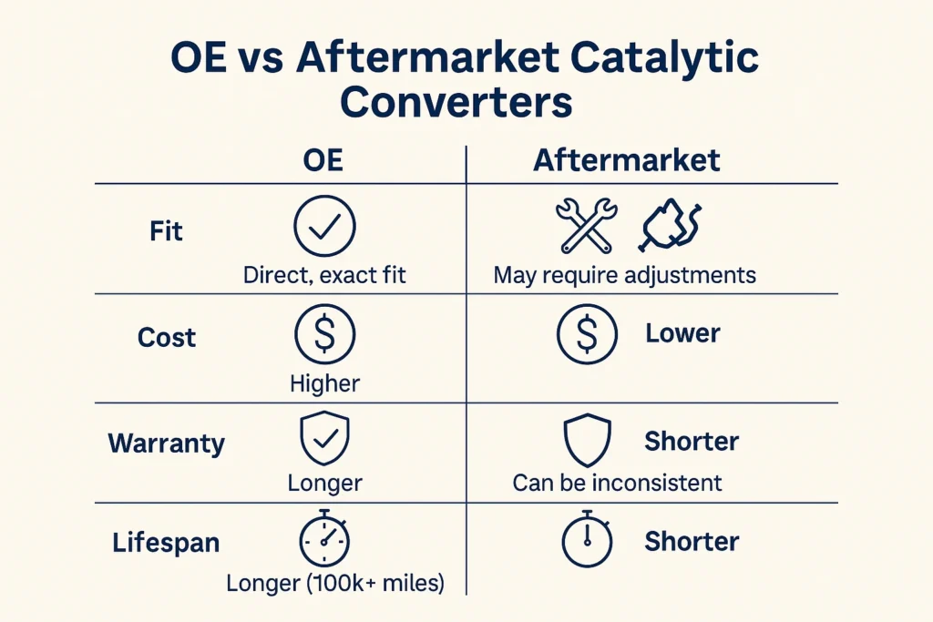 Infographic comparing OE and aftermarket catalytic converters by fit, cost, warranty, and lifespan, with icons showing direct fit, higher cost,