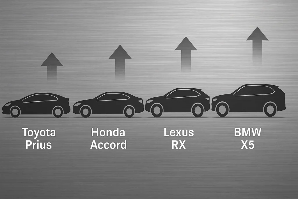 Infographic with Toyota Prius, Honda Accord, Lexus RX, and BMW X5 showing high rhodium content.