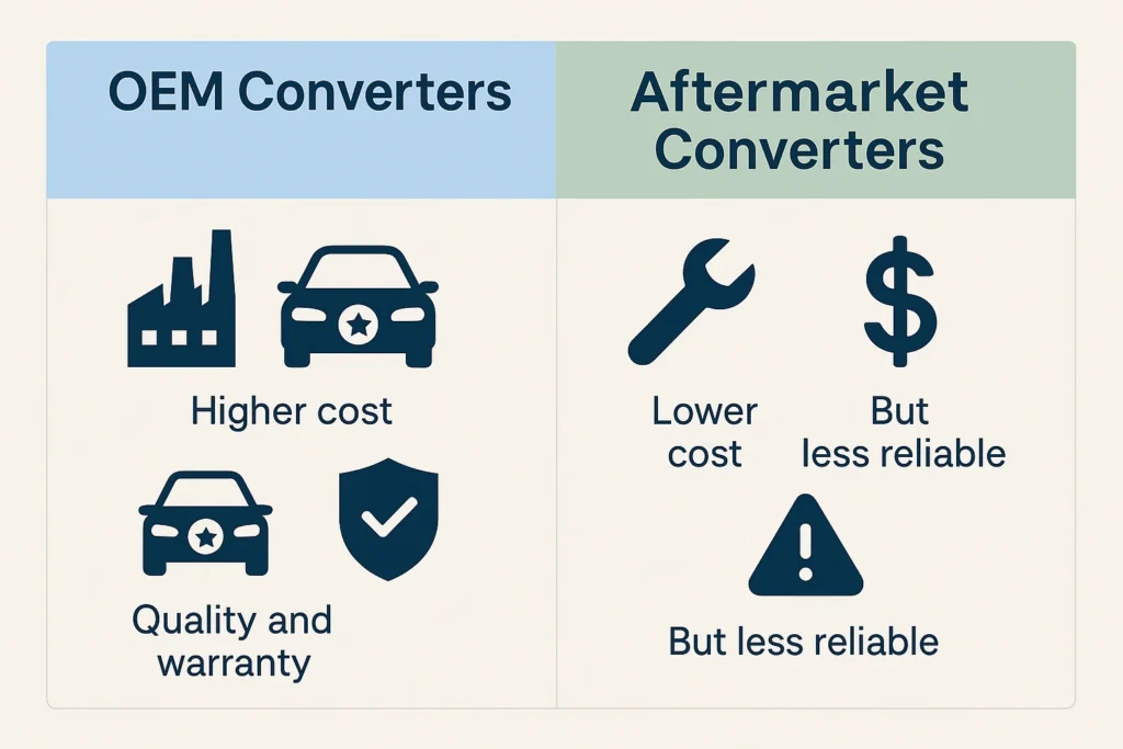 Infographic table comparing OEM catalytic converters with aftermarket versions, showing cost, quality, and compliance differences.