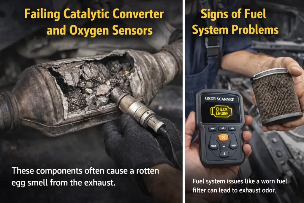 Failing catalytic converter and faulty oxygen sensors producing a rotten egg smell from the car exhaust due to sulfur gas buildup