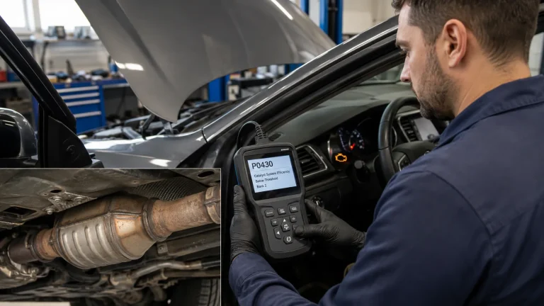 Mechanic using an OBD-II scanner showing P0430 code while diagnosing Bank 2 catalytic converter efficiency in a repair shop.