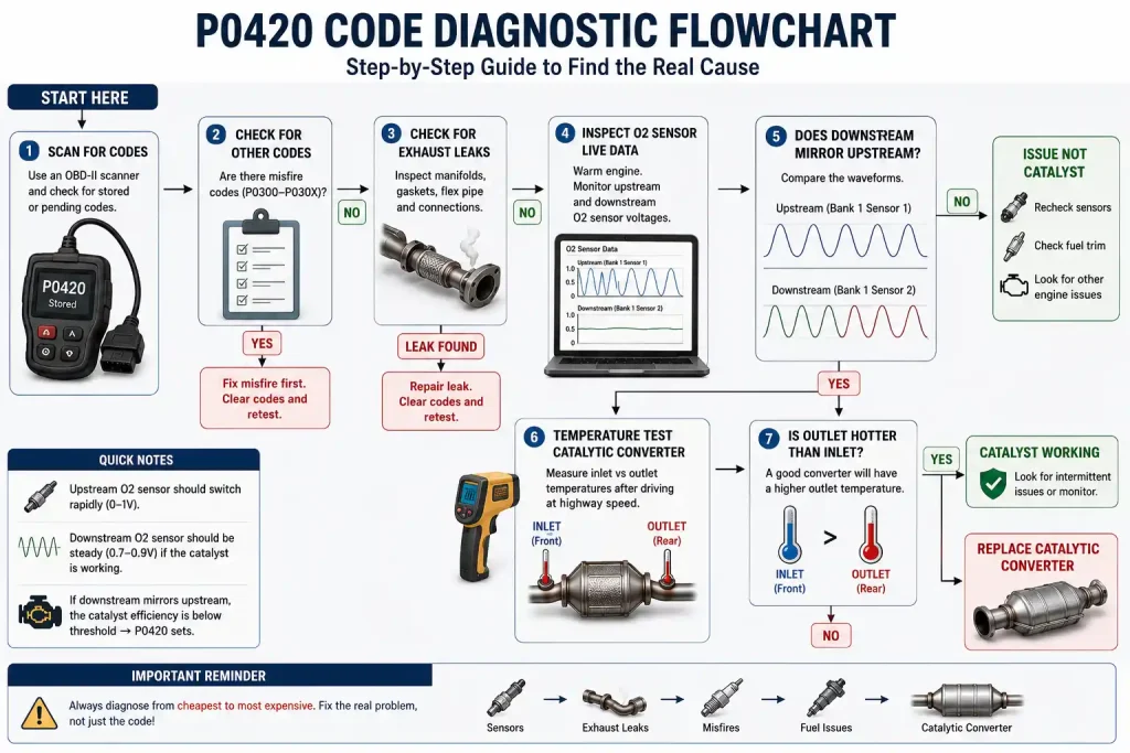 Step-by-step P0420 diagnostic flowchart showing how to identify whether the problem is caused by misfires, exhaust leaks, oxygen sensors, or a failing catalytic converter.