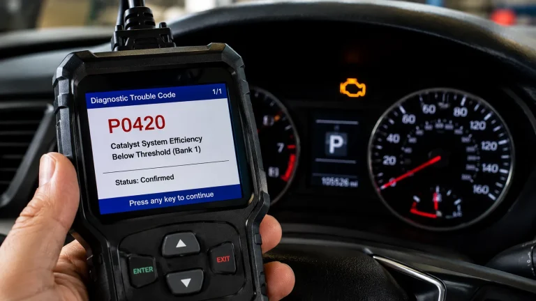 An OBD-II scanner displaying the P0420 trouble code, which indicates the catalytic converter system is operating below the expected efficiency threshold.